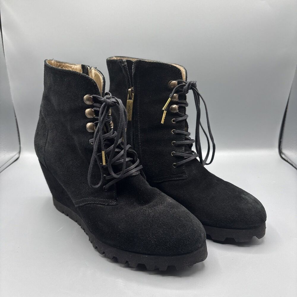 Anyi Lu black suede Vibram Wedge ankle Boots  shoes women size 38  7.5 - 8